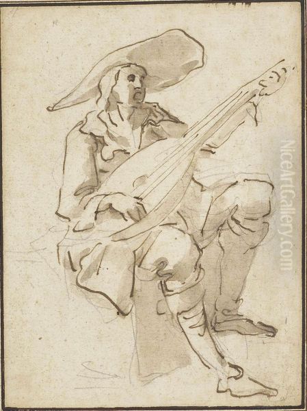 A Seated Lutenist Wearing A Wide-brimmed Hat - view 1