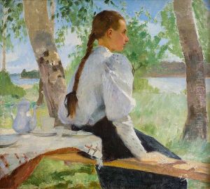 Nuori tytto koivujen alla (Ulkona) by Helene Schjerfbeck