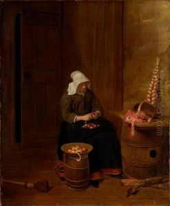 Die Apfelschalerin by Esaias Boursse