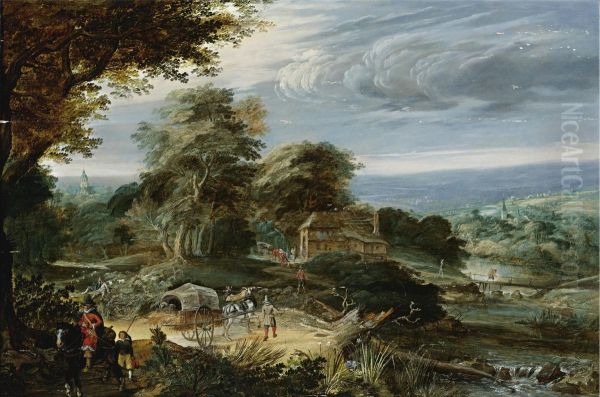Extensive landscape with travelers on a path by a river, a cottage beyond - view 1