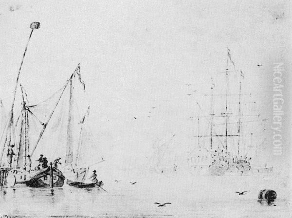 Sailboats and a ship on a calm sea. - view 1