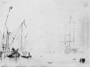 Sailboats and a ship on a calm sea. by Simon De Vlieger