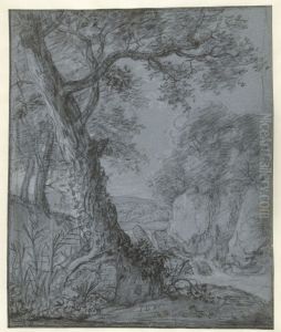Tree in a hilly landscape with a waterfall and rocks