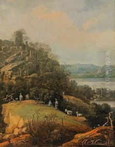 A river landscape with a ruin and figures A river landscape with a ruin and figures