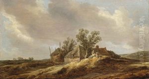 An extensive dune landscape with peasants resting in front of a farm house by Jan van Goyen