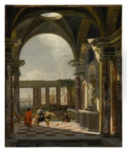 Architectural interior with foreign shippers, ruins and a shipyard beyond