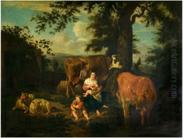 Mother and Child with Cattle in Landscape - view 1