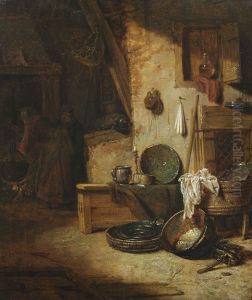 Kitchen interior with peasant couple by Willem Kalf
