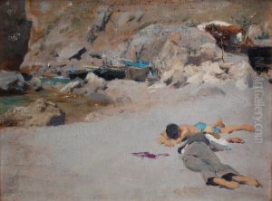 Tva pojkar pa stranden med batar by John Singer Sargent