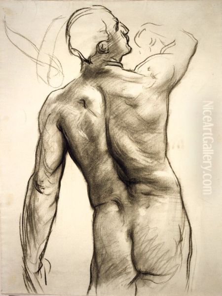Standing Male Nude with Raised Right Arm Seen from Behind - view 1