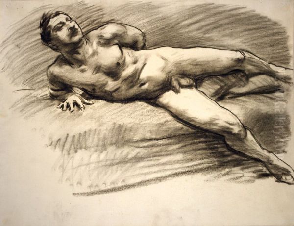 Liggande naken man stodd pa hoger underarm - view 1