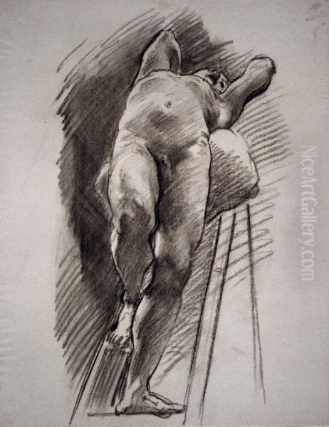 Male Nude Leaning Back on a Ladder - view 1