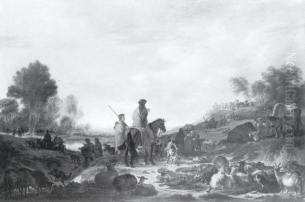 Landskap med figurer, boskap och husgerad - view 1