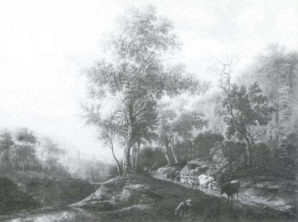 Landskap med vattendrag och boskap - view 1