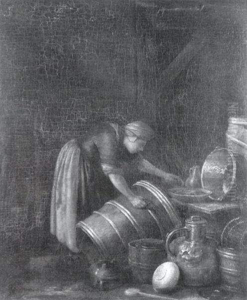 A Woman Scouring a Kitchen Pot - view 1