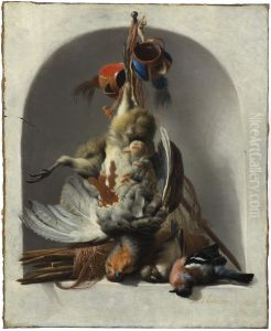 Stilleben med faglar och jaktredskap by Melchior D'Hondecoeter