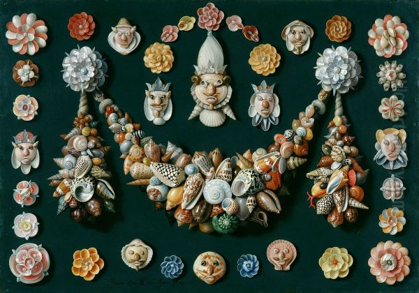Festoon, masks and rosettes made of shells - view 1