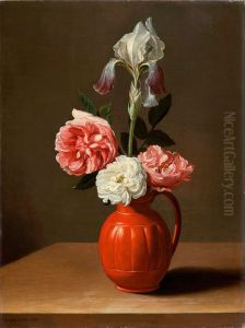 Bloemstilleven van rozen en een iris in een stenen vaasje by Jacob van Es