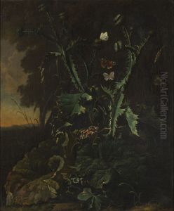 Stilleben med tistlar och fjarilar by Abraham Begeyn