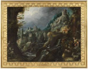 Berglandskap med forsande flod, klassiska ruiner och herdar Berglandskap med forsande flod, klassiska ruiner och herdar