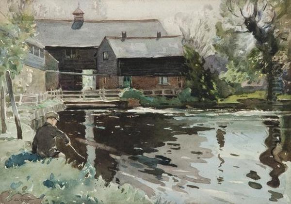 Boy Fishing In A Mill Pond - view 1