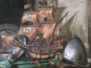 A Model Ship And Various Pewter Items On A Table A Model Ship And Various Pewter Items On A Table