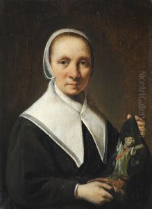 Portrait of a woman holding embroidery (?)