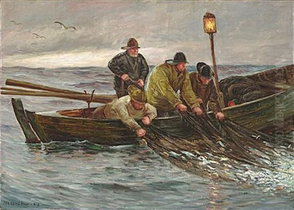 Fishermen dragging the nets from their row boat. - view 1