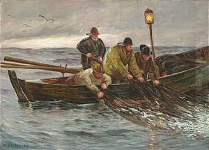 Fishermen dragging the nets from their row boat.