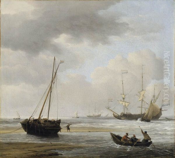 Scene de cote avec navires de guerre et de peche - view 1