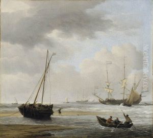 Coast scene with war ships and fishermen; marine by Willem van de Velde the Younger