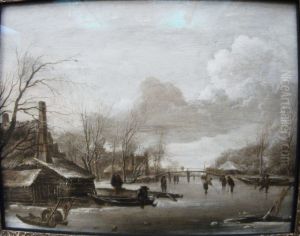 Winter Scene with Thatched Cottages and a Frozen River Spanned by a Wooden Bridge by Jan Van De Cappelle