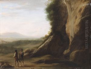 Two men conversing in a landscape by Cornelius van Poelenburgh
