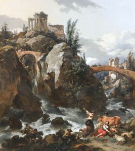 Landscape with a waterfall and the Temple of the Sibyl at Tivoli by Nicolaes Pieterszoon Berchem