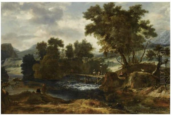 Berglandschap met reizigers op een brug over een waterval - view 1