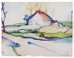 Gestileerd landschap met boerderij en gele bomen by Alida Jantina Pott