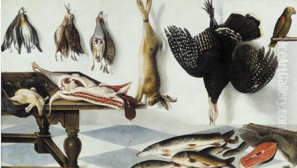 Game larder with a hare, partridge, snipe, a turkey, a side of meat, capons, starlings, pike, eel and fish with a parrot - view 1