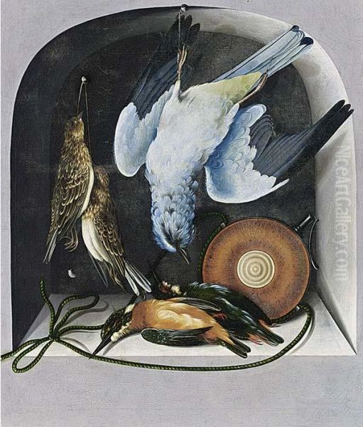 Trompe l'oeil with a hunting still life of birds and a flacon in a niche - view 1