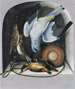 Trompe l'oeil with a hunting still life of birds and a flacon in a niche by Cornelis Biltius