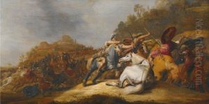 A Battle on Horseback with Armored Soldiers and Soldiers Wearing Turbans, in a Landscape by Gerrit Claesz Bleker