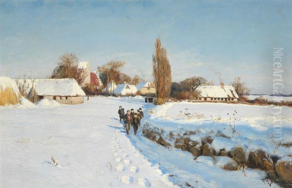 School children walking in the snow on a sunny winter day. - view 1