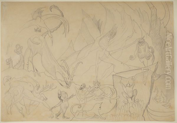 Composition - fantastic figures and animals with a landscape in the background - view 1