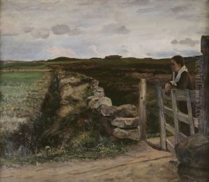 Jaerbilde med pike ved grinden by Eilif Peterssen