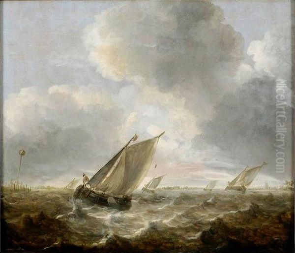 Bateaux de peche sur une mer agitee ; Marine - view 1