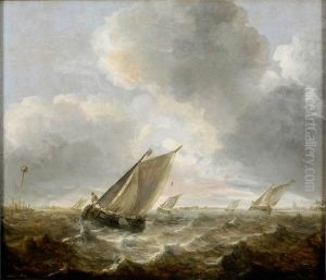 Bateaux de peche sur une mer agitee ; Marine by Abraham Van Beijeren