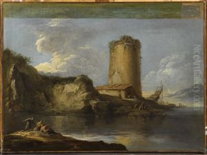 Paysage avec une tour et une barque en construction