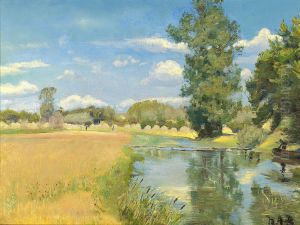 Flod gennem hostlandskab, sommer. by H. A. Brendekilde