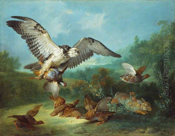 Hawk Attacking Partridges and a Rabbit - view 1