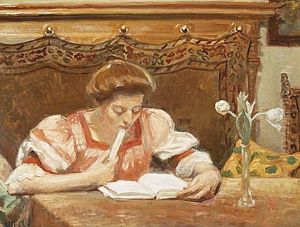 Interior with a young woman reading.