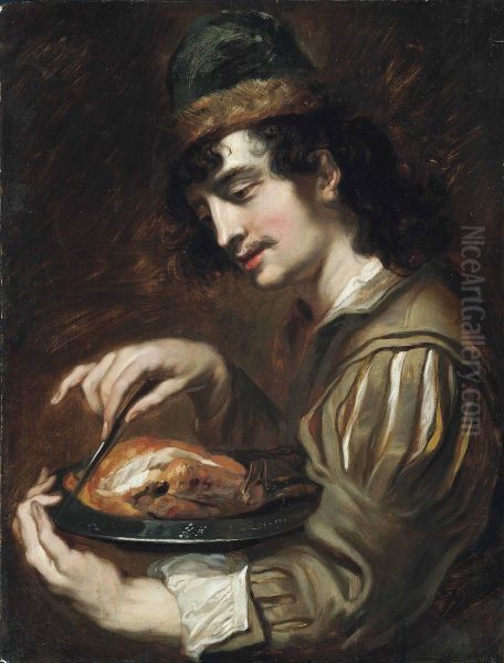Man holding a pewter charger with a chicken - view 1